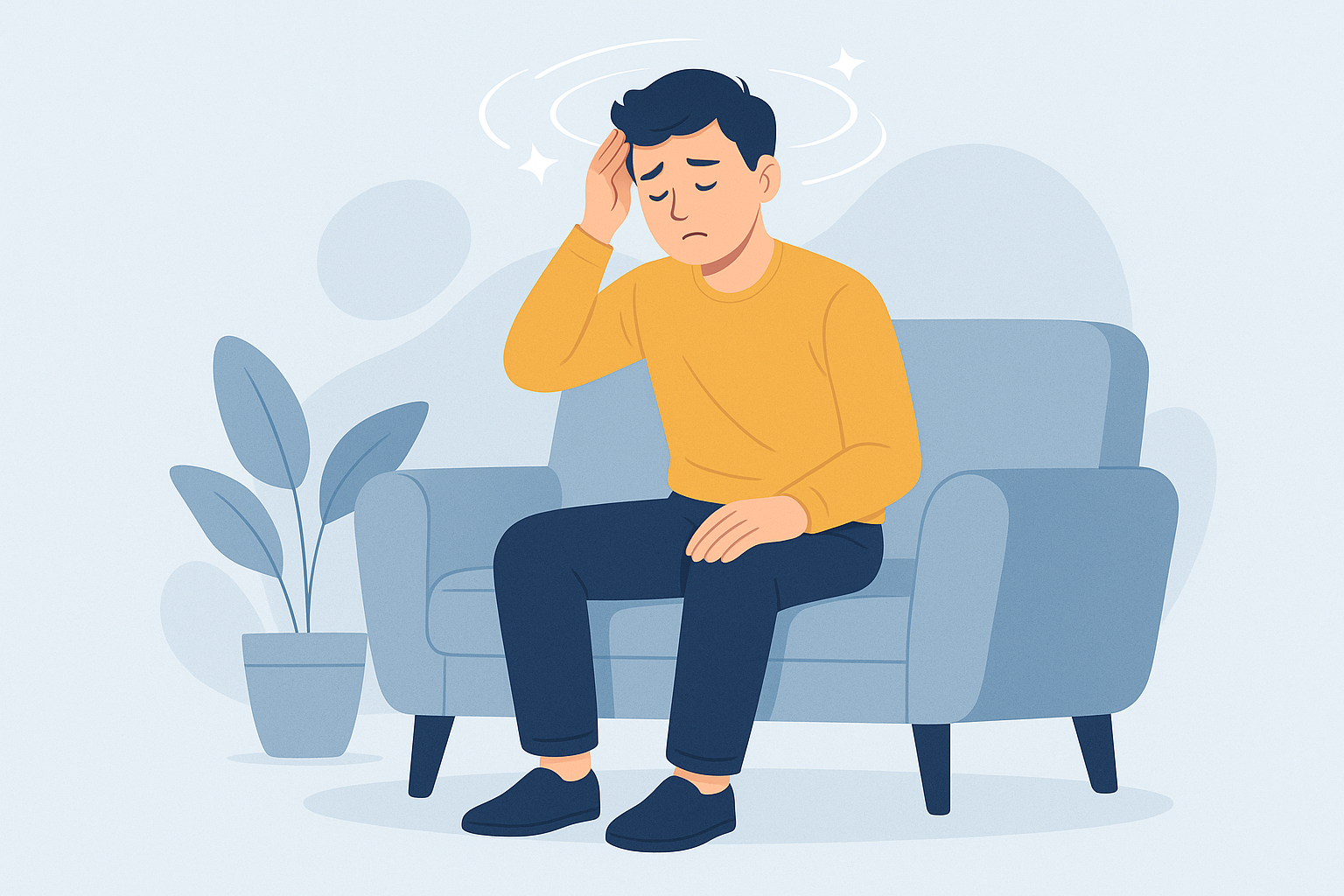 Homme assis sur un canapé, main sur la tête, illustrant une sensation de vertige avec des symboles de rotation au-dessus de lui
