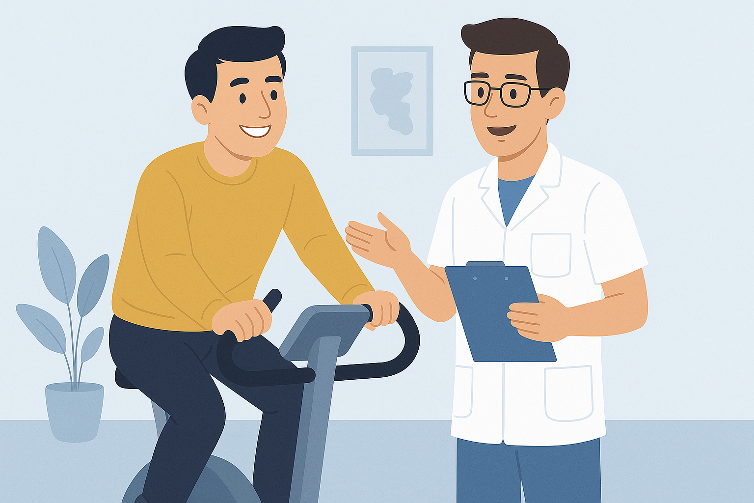 Patient souriant en séance de réentraînement à l’effort supervisé par un kinésithérapeute, sur vélo d’intérieur