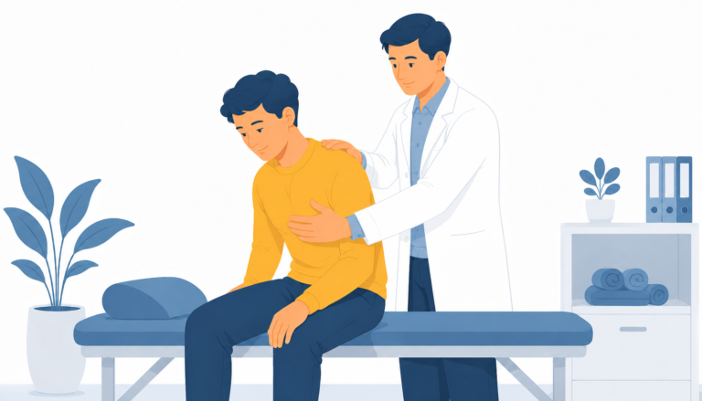 Kinésithérapeute guidant un patient dans une séance de drainage bronchique, mains placées sur le dos pour faciliter l'expectoration.