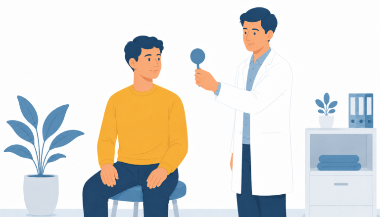 Kinésithérapeute guidant un patient dans un exercice de rééducation vestibulaire après névrite vestibulaire