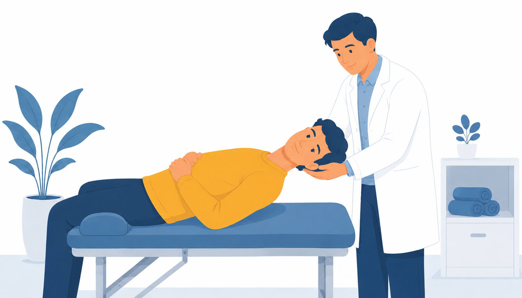 Soignant accompagnant un patient en séance de rééducation dans un cabinet médical moderne